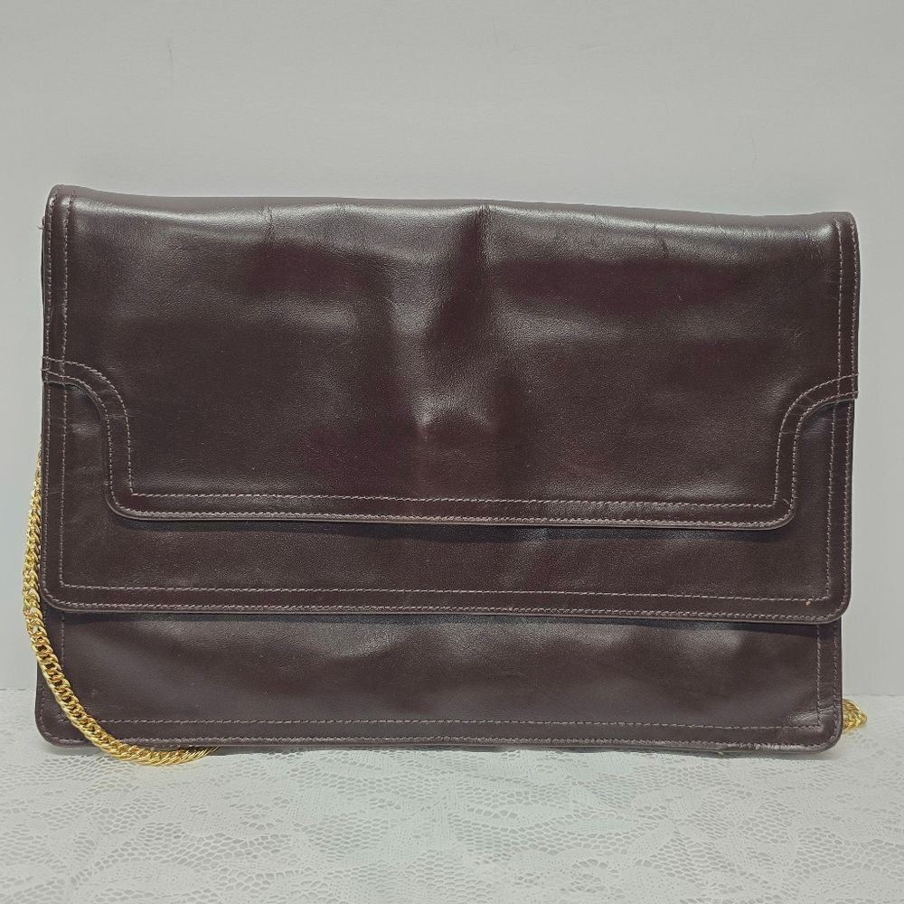 Erik for Holiner Genuine Brown Leather Clutch With Gold Tone Chain Vintage 80s